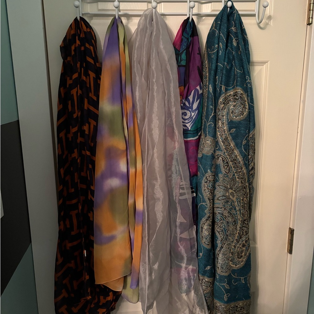 Mixed Scarves Bundle - Teal Paisley, Gray Sheer, Multicolor, Black & Orange
